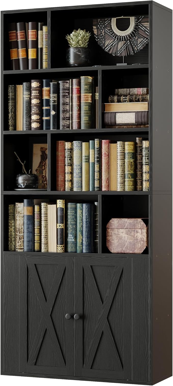 IRONCK Bookcase with Doors, Tall Bookshelf with Storage, Bookshelves and Bookcases with 8 Open Cubes for Living Room, Bedroom, Office