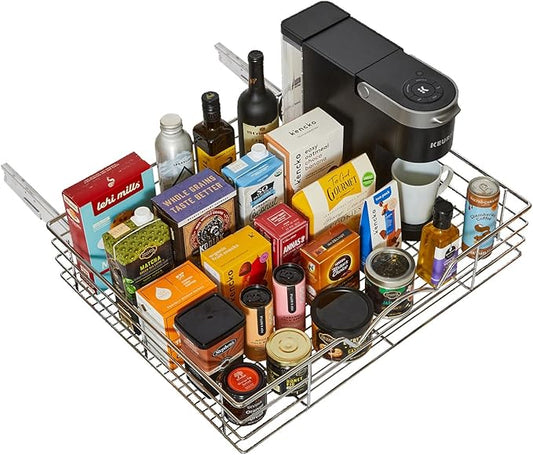 HOLDN??STORAGE Heavy-Duty Premium Collection Pull Out Cabinet Organizer, Cabinet Drawer Slide Outs, Lifetime Limited Warranty - Basket Size 28" W x 21" D x 5" H, Anti-Rust Chrome Finish
