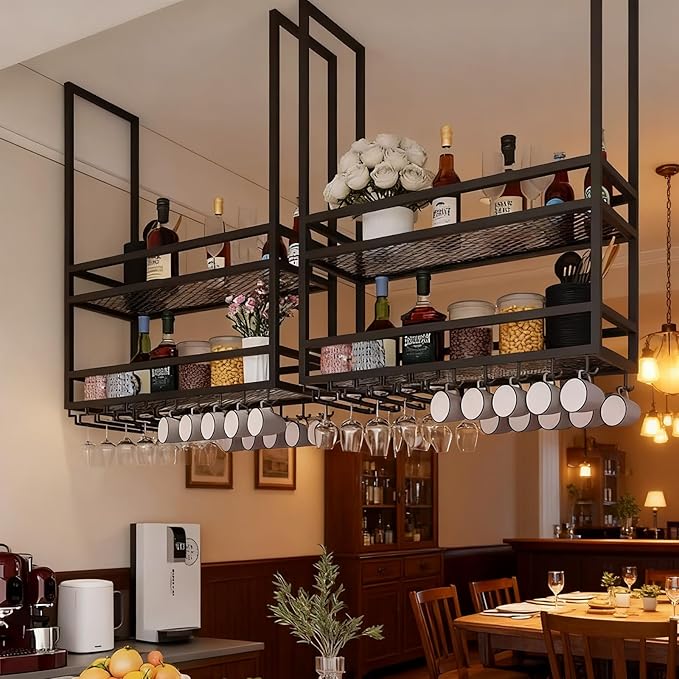 Ceiling Wine Glass Rack, Hanging Wine Display Shelf 2-Tier, Bar Liquor Storage Shelf for Bar Cafe Kitche, Metal Wine Bottle, Goblet Stemware Rack (Black, 31.49x39.37x11.81in)