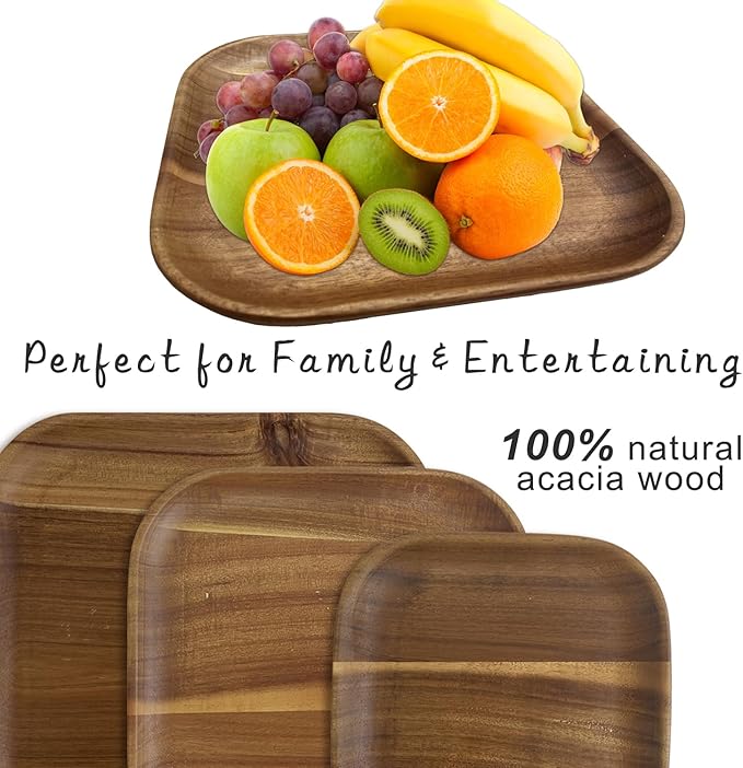 Acacia Wooden Plates Set of 3, 6/8/10 Inch Square Serving Platters for Charcuterie, Appetizers, Acacia Wood Plates, Stackable Dinnerware Trays for Kitchen, Party & Entertaining (Square Tray)