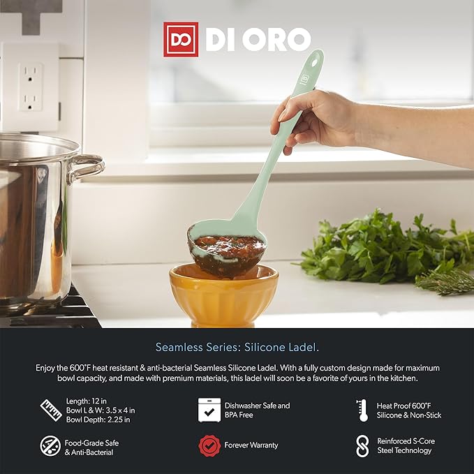 DI ORO Silicone Ladle ??Soup Ladle for Cooking & Serving Heat-Resistant - Large Kitchen Soup Ladle Nonstick Cookware Safe - Soup Serving Spoon with Wide Bowl - Silicone Utensil Dishwasher Safe (Sage)