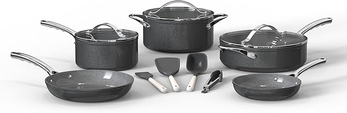 Bakken 12-Piece Aluminum Cookware Set with Ceramic Nonstick Coating, PTFE & PFAS Free, All Stovetop Safe Up To 500째F, Pots and Pans Set with Lids, Silicone Utensils Included, Dishwasher Safe, Black