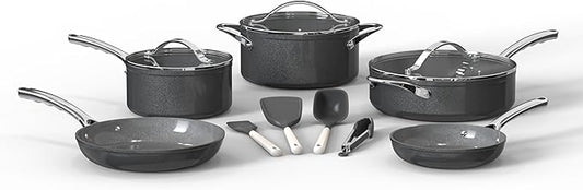 Bakken 12-Piece Aluminum Cookware Set with Ceramic Nonstick Coating, PTFE & PFAS Free, All Stovetop Safe Up To 500째F, Pots and Pans Set with Lids, Silicone Utensils Included, Dishwasher Safe, Black