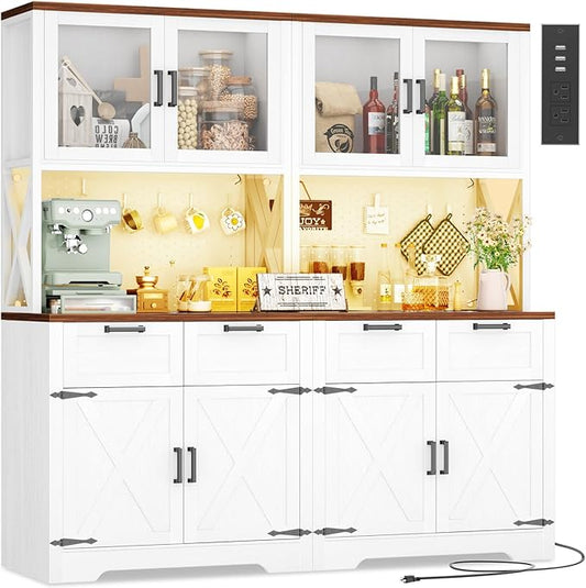 Unikito 71" Tall Kitchen Pantry Storage Cabinet with LED Light & Outlet, 63" Wide Kitchen Hutch Cabinet with Large Countertop, DIY Pegboard and Drawers, Farmhouse Food Pantry for Living Room,