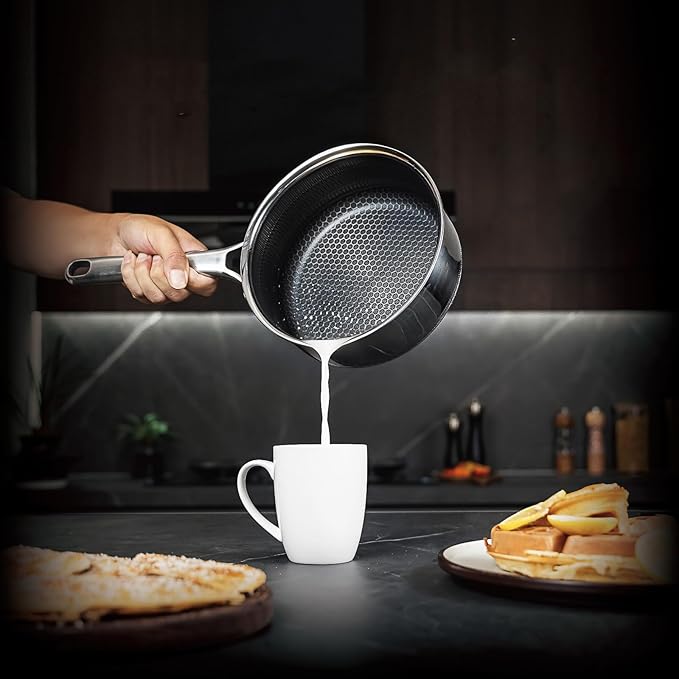 Hybrid Nonstick 1.5 QT Saucepan with Lid, Stainless Steel Honeycomb Pot with Two Pour Spouts,Compatible with All Cooktops,Dishwasher and Oven Safe