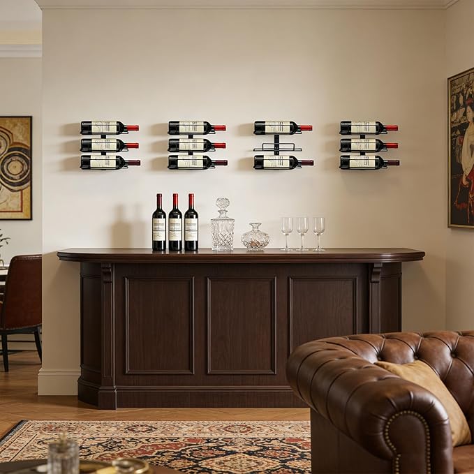 Modern Wall Mounted Wine Rack, Black Metal 12-Wine Bottle Holder for Wall Storage Display, Vertical Space Saving Design for Home Bar, Kitchen, Restaurant