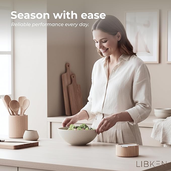 Wooden Salt Box with Stainless Steel Lid & Spoon ??Rubberwood Keeper to avoid Dust, Minimal Scandinavian Bowl for Pepper, Spices, Herbs and Salt Storage Container - Wooden