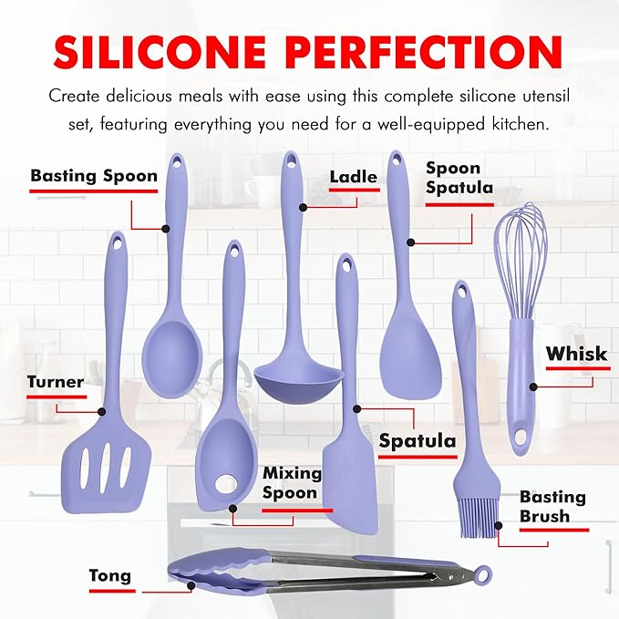 Chef Craft - Premium Silicone Kitchen Tools and Utensils Set, Non-Scratch, Withstands Temperatures up to 450째F, BPA-Free, 9 Piece Cooking Utensils Set, Pastel Blue