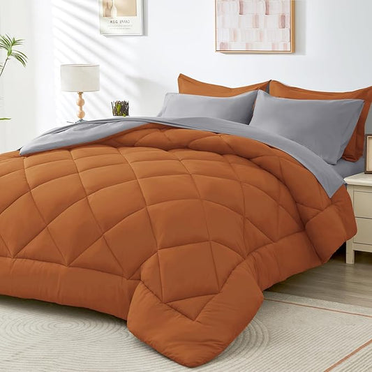 HEVUMYI Queen Comforter Set - 7-Piece All Season Bed in a Bag Queen, Ultra Soft Bedding Set with Comforter, Flat Sheet, Fitted Sheet, Pillowcases, Pillow Shams, Orange & Light Grey