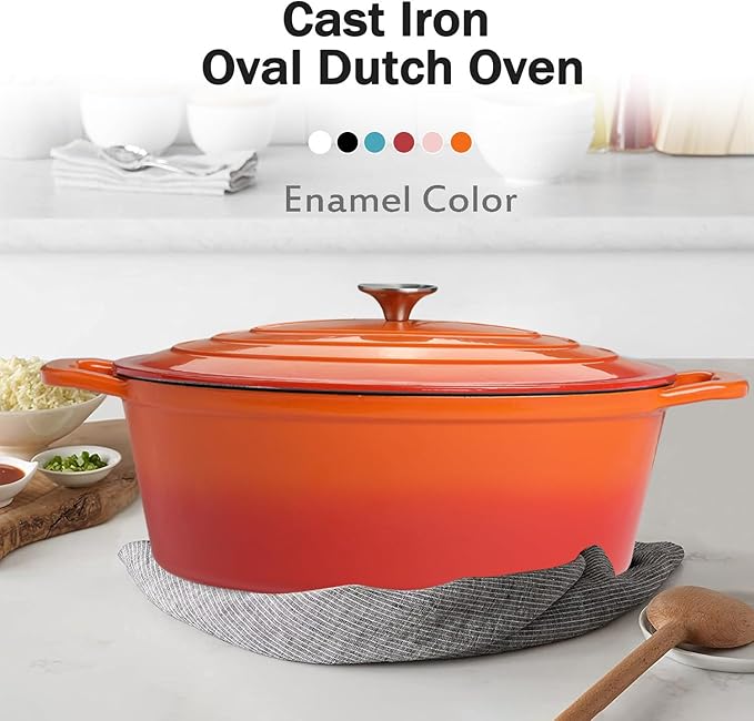 Enameled Oval Dutch Oven Pot with Lid, 8 QT Cast Iron Dutch Oven with Dual Handles for Cooking, Bread Baking, Frying, Non-stick Enamel Coated Oven (8 QT Orange)