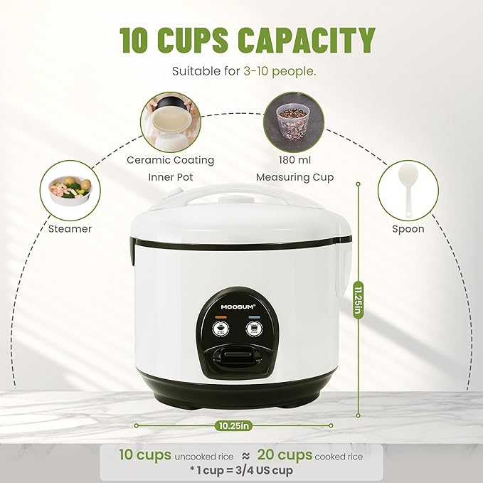 Electric Rice Cooker with One Touch for Asian Japanese Sushi Rice, 10-cup Uncooked/20-cup Cooked, Fast&Convenient Cooker with Steamer, Stainless Steel Housing and Auto Warmer, White