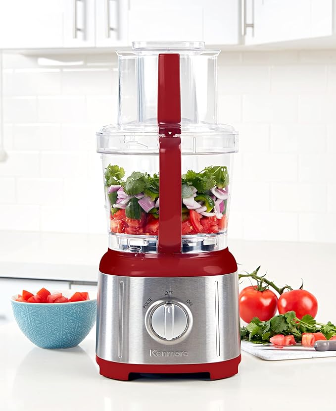 Kenmore 11-Cup Food Processor - Vegetable Procesador de Alimentos, Blender, Onion Chopper And Garlic Mincer, Kitchen Appliance High Powered Electric Licuadora, 500W Red, Stainless Steel Red