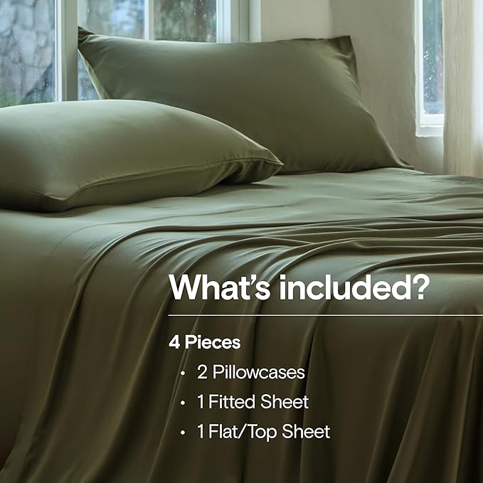 DOZ Sheet Set, 100% Viscose derived from Bamboo, Organically Grown, Buttery Soft, Cooling Sheets, High GSM, Deep Pockets - 4 Piece - 2 Pillowcases 1 Fitted 1 Top Sheet (Olive, Cal King)
