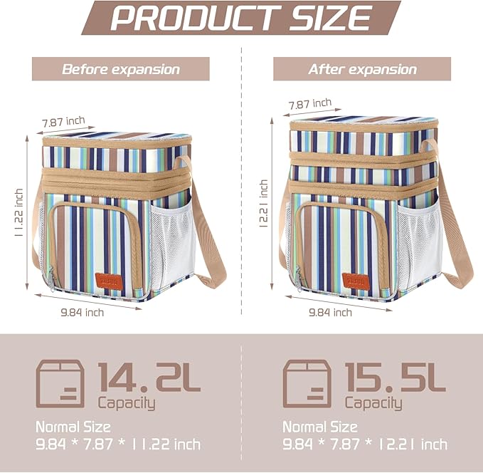 ZRSUN Insulated Lunch Bag for Women Men, Reusable 3 Layers Lunch Box Women, Expandable Reusable Water-resistant Lunch Box for Work Travel Office Picnic Hiking (Stripe)