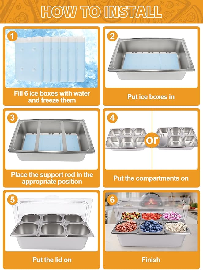 Lanstics Pizza Topping Station 7 Pans Stainless Steel Spice Organizer Salad Bar Buffet Station with Spoons Ice Boxes Buffet Containers Set for Sauce Jam Ingredient Kitchen Restaurant Pantry
