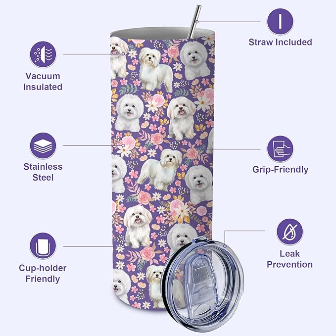 Yogusut Maltese Dog Gifts for Women, 20oz Stainless Steel Insulated Tumbler Travel Mug Cup with Lid Straw Brush, Gifts for Dog Mom Dog Lover