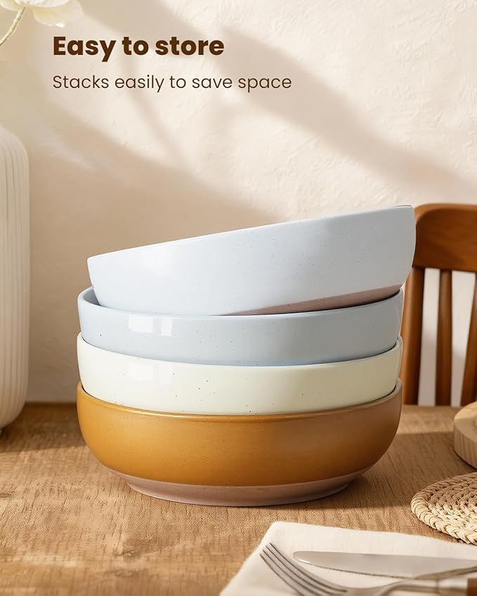 Pasta Bowls Set of 4, 34oz Speckled Ceramic Bowls Set for Serving Salad, Pasta, Soup, Dinner, 8" Wide and Deep Bowls, Dishwasher & Microwave Safe, Matte Terracotta Base (Mixed Color)