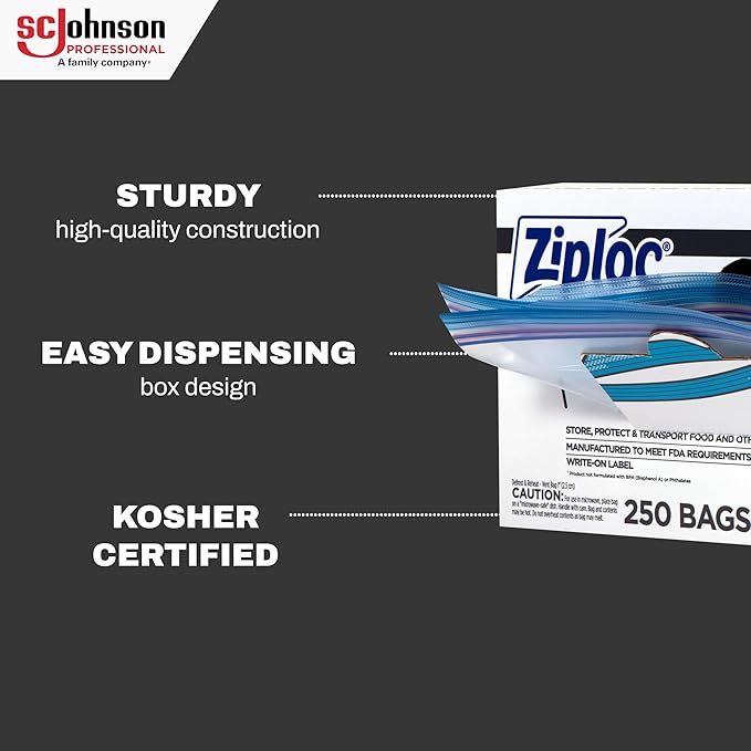 SC Johnson Professional Ziploc Brand Food Storage Freezer Bags, 1 Gallon Freezer Bags, Ziploc Brand Bags, Commercial Pack, 250 Count Box, for Professional Use Only