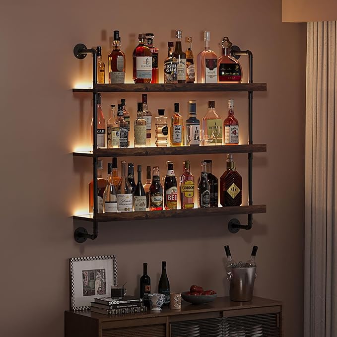 3-Tier Wall Mounted Wine Rack with LED,Liquor Bottles Floating Shelves Display Storage Organizer for Home Bar Dining Room Kitchen (40" W x 47.2" H x 8.6" D)