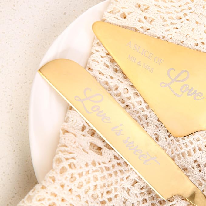 Wedding Cake Knife and Server Set with Forks for Bride and Groom, 4 Pieces Mr and Mrs Wedding Cake Cutting Set For Bridal Shower Gifts Couple Engagement Birthday Anniversary, Gold
