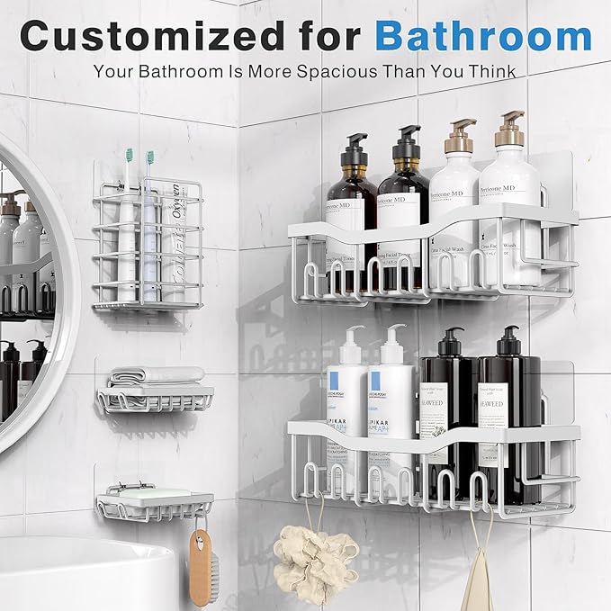 EUDELE 5-Pack Rustproof Stainless Steel Shower Caddy ??No Drill Adhesive Bathroom Organizer with Large Capacity, Spacious Shower Shelves for Inside Shower, Kitchen & Home Decor Storage-XL Size