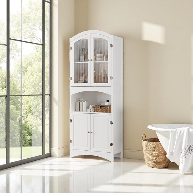Kitchen Pantry Cabinet, Upgraded All Painted Tall Bathroom Cabinet, Modern White Kitchen Hutch W/Microwave Stand & Fluted Glass Doors, White Wooden Storage Cabinet for Living Dining Room
