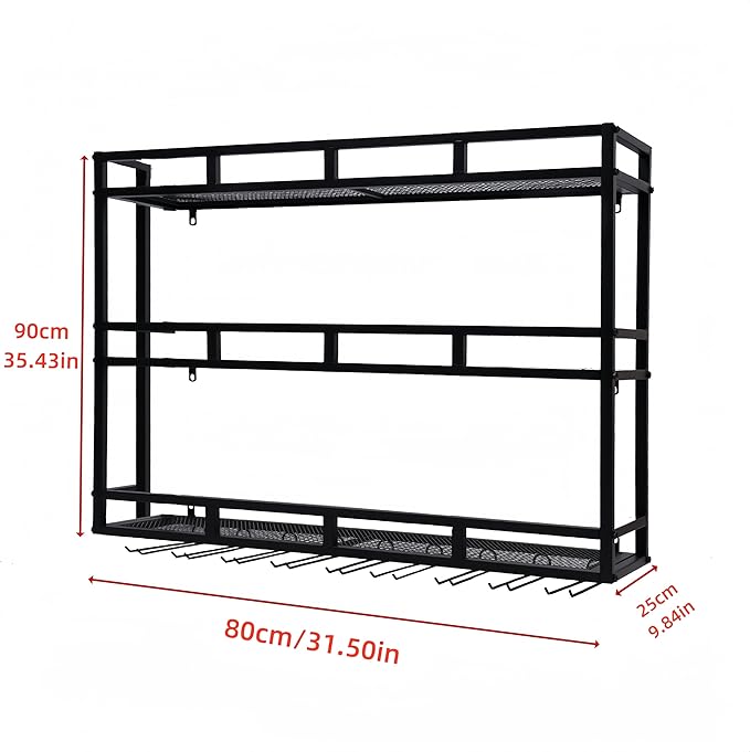 31 Inch Metal Wine Rack Wall Mounted, Bar Shelves for Liquor Bottles with LED Light, 3 Tier Large Capacity Liquor Rack Wall Mounted with Glass Holder for Home Bar & Dining Room, Black