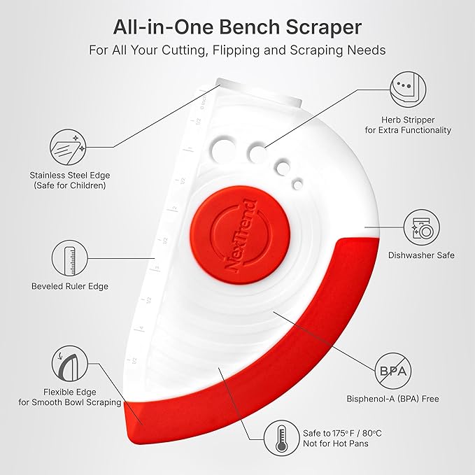Nextrend BakerScraper ??5-in-1 Flexible Bowl Scraper, Bench Scraper and Dough Scraper with Stainless Steel Edge, Ruler & Herb Stripper ??BPA Free, Dishwasher Safe - Red