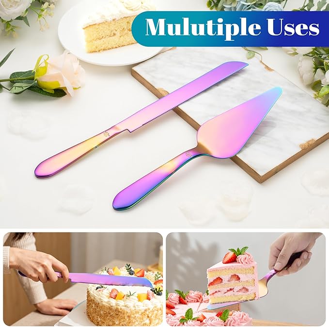 Cake Cutting Set for Wedding, Elegant Cake Knife and Server Set with Thickened Stainless Steel Rounded Edges, Cake Cutter and Pie Spatula for Birthday Anniversary, 2 Pcs, Multipurple