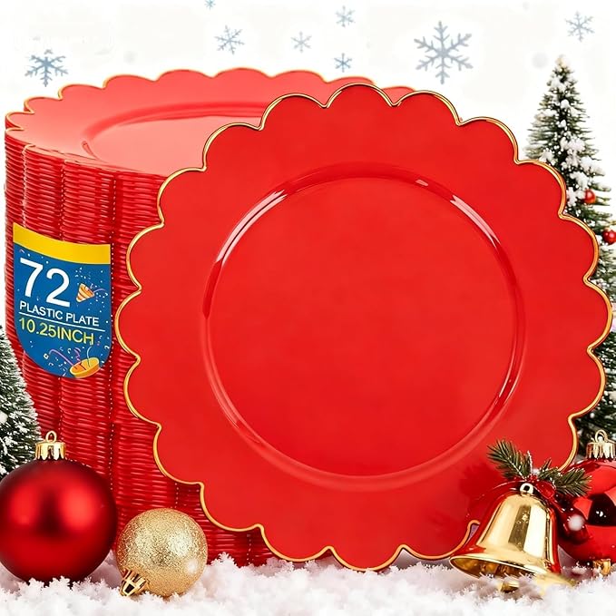 SUT 72 Pcs Red Christmas Plates Disposable, Red Plastic Plates With Gold Trim, 10.25 Inch red Dinner Plates, Fancy Plastic plates, plates Disposable Heavy Duty for Wedding, Parties, Christmas