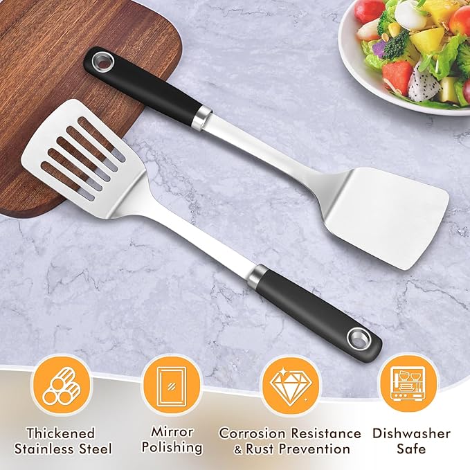 2 Pcs Silicone Stainless Steel Spatulas Set, Metal Spatula Solid & Slotted Turner, Heavy Duty Sturdy Spatula for Kitchen Use, High Heat Resistant Cooking Utensils for Fish Eggs Pancakes, Easy to Clean