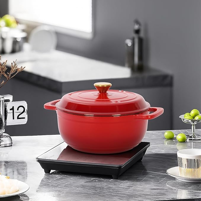 Dutch Oven Pot with Lid, 6 Quart Enameled Cast Iron Dutch Oven, Dual Handles, Kitchen Pots Oven Safe up to 500째F, Stovetop Compatible, Marinate, Cook, Bread Baking, Refrigerate & Serve, Red
