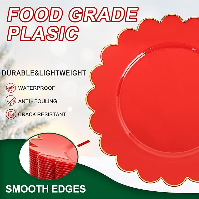 SUT 72 Pcs Red Christmas Plates Disposable, Red Plastic Plates With Gold Trim, 10.25 Inch red Dinner Plates, Fancy Plastic plates, plates Disposable Heavy Duty for Wedding, Parties, Christmas
