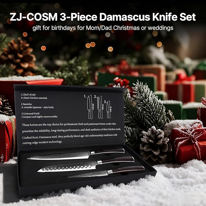 Damascus Knife Set, 3PCS High Carbon Professional Japanese Knives with Ergonomic Handle,VG10 Steel Core Chef Knife Set for Gift for Mom Dad