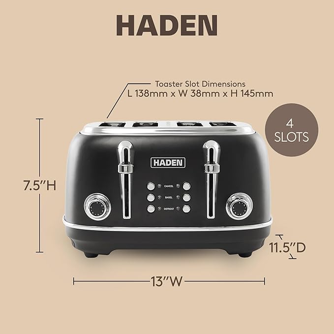 Haden Heritage 4 Slice Wide Slot Stainless Steel Toaster with Adjustable Browning Control & Non-Slip Feet, Black & Chrome