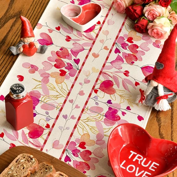 Artoid Mode Red Pink Heart Branch Valentine's Table Runner, Seasonal Leaf Kitchen Dining Table Decoration for Home Party Decor 13x36 Inch