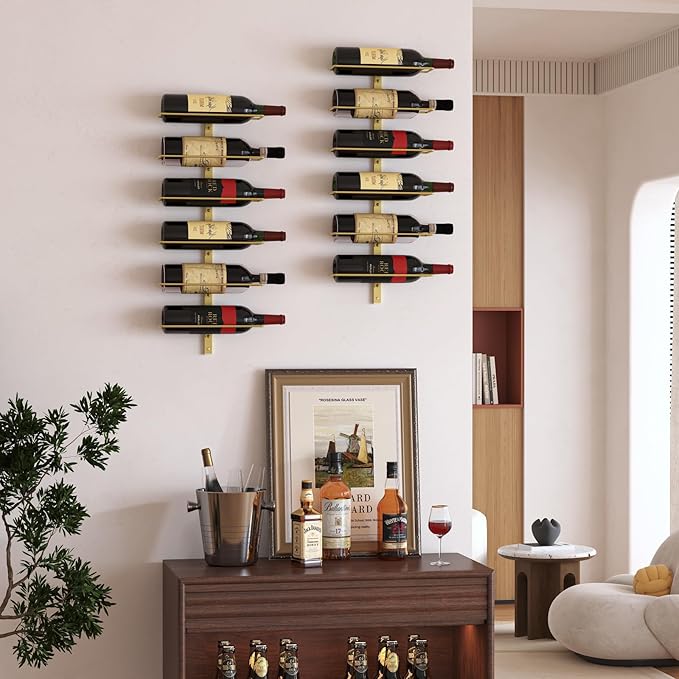 B4Life Wine Rack and Holder Wall Mounted 12 Bottles, Metal Hanging Mount Racks for Wall, Liquor, Champagne for Bottles Storage Home Bar, Cellar and Kitchen, Dining Room (Gold, 12 Bottle)