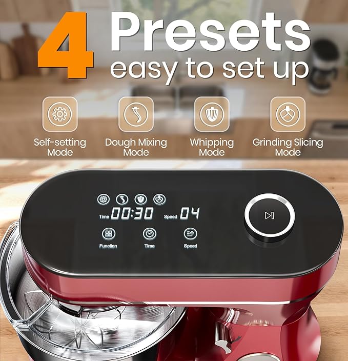 Stand Mixer 6QT Kitchen Mixer with LED Smart Touchscreen, 11-Speed Tilt-Head Mixer with Timer, 4 Preset Menus, Stainless Steel Bowl, Dough Hook, Whisk, Beater,Red