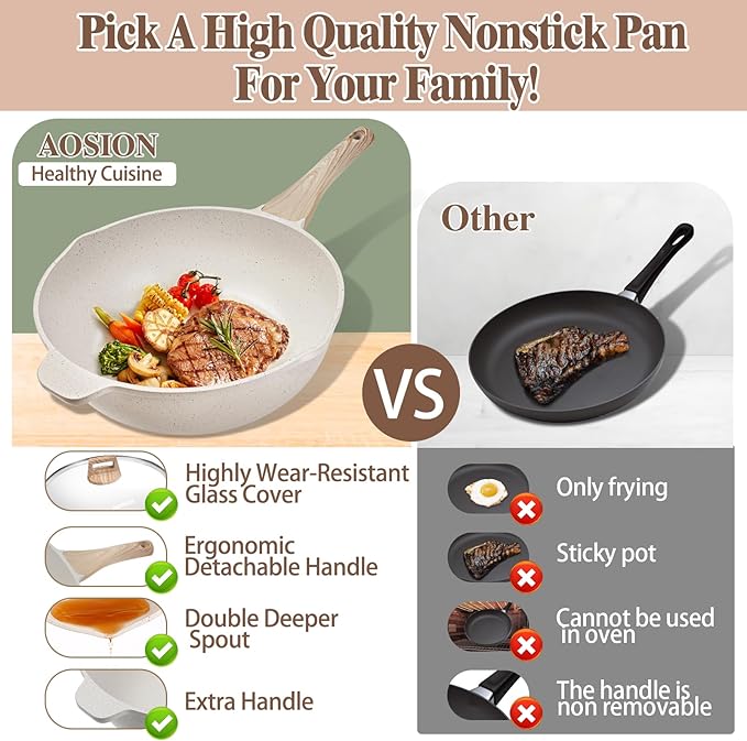 AOSION 11 Inch Nonstick Ceramic Deep Frying Pan Skille with Lid,5QT Saut챕 Pan for Cooking with Steam Rack,Healthy Large Skillet,Stay Cool Handle, Induction Compatible, PFOA & PFAS Free.(WHITE)