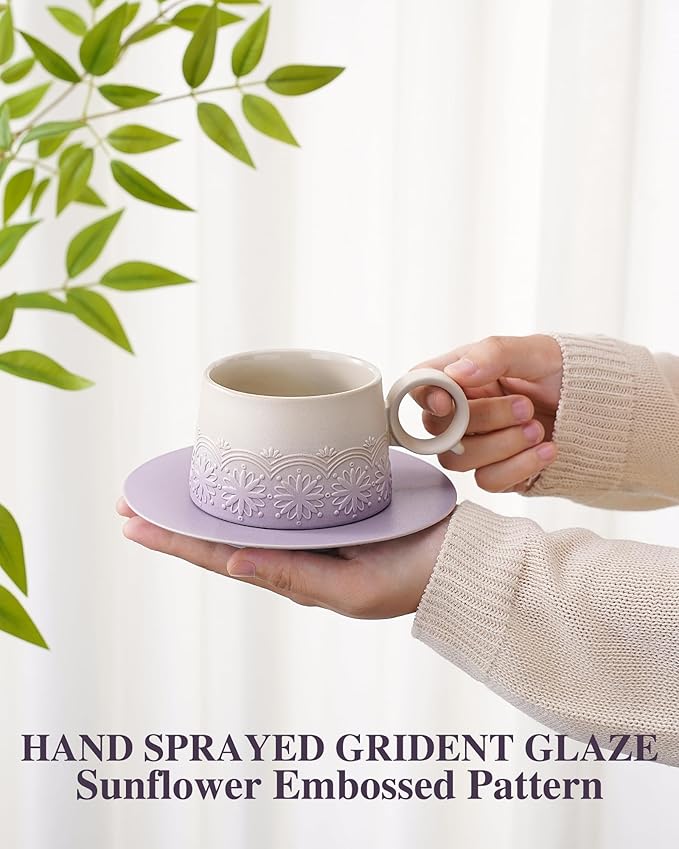 ZENS 7.3 Ounce Cappuccino Cups Set of 2, Artistic Embossed Ceramic Cappuccino Mugs and Saucers, Double Espresso Cups Set of 2 for Au Lait, Cafe Mocha or Matcha Latte or Tea, Pale Purple
