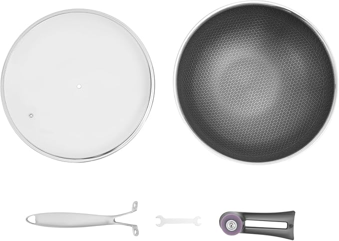SUS 316 Stainless Steel Wok, Nonstick Frying Pan & Skillet with Lid, Induction Compatible Cookware, Honeycomb Wok Pan for Stir-Frying Saut챕ing Home Kitchen Camping Cooking (32cm)