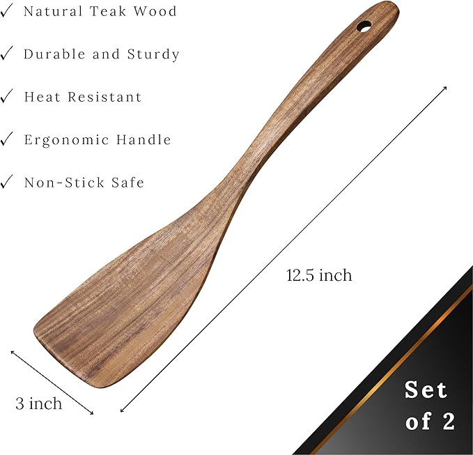 Wooden Spatula for Cooking - Wooden Spoons for Cooking - 12.5 Inch Teak Spatulas for Nonstick Pans - Wood Cooking Utensils - Wood Kitchen Utensils Set of 2 - Bamboo Spatulas - Wooden Turner Spatula