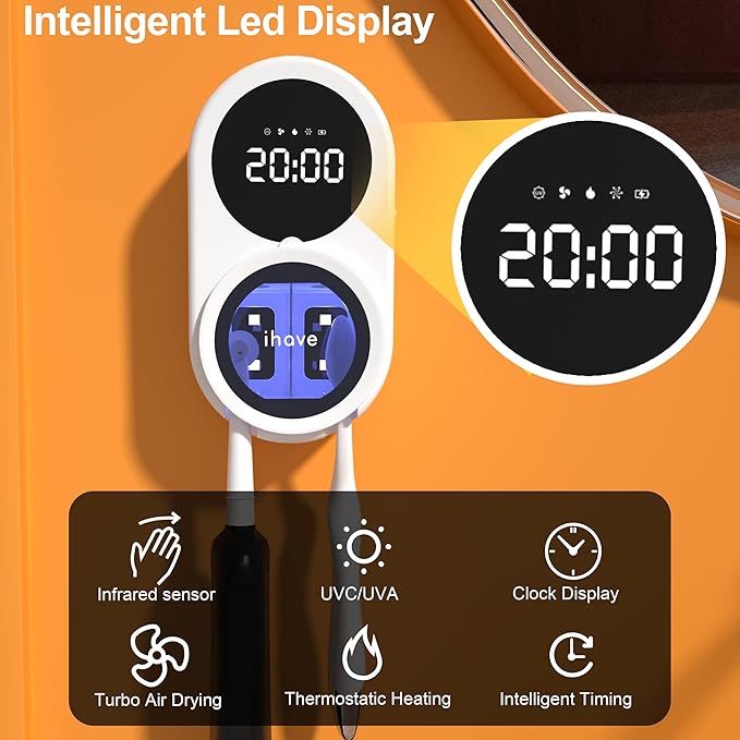 iHave Toothbrush Sanitizer Holder, UV Toothbrush Holders with 100M Negative Ions for 360째 Disinfection, Mold Control & Odor Neutralization, Heated & Fan Drying 2-Slot Toothbrush Holder Wall Mounted