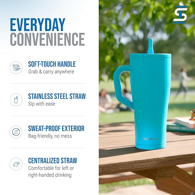 Ice Shaker 32 oz Tumbler with Handle and Straw | 32oz Caribbean Blue | Cold for 30+ Hours | 2-in-1 Tumbler Shaker Bottle | Odor-Free 32 ounce Bottle for Water, Protein Shakes, Smoothies, Cocktails