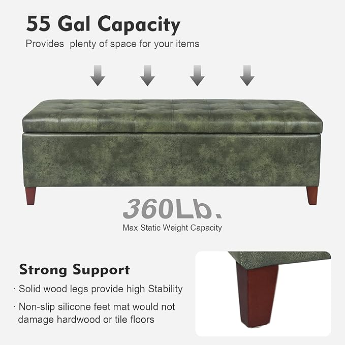 DECO DE VILLE Ottoman with Storage, 51 Inch End of Bed Storage Ottoman Bench, Faux Leather Upholstered Ottomans with Hinged Lid, Rectangle Long Foot Rest Bench for Living Room Bedroom Dark Green