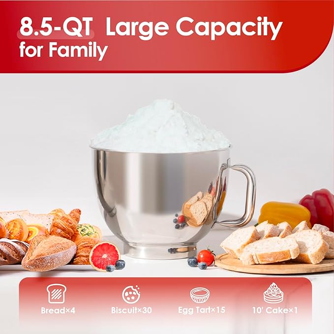 Kitchen in the box Stand Mixer - 8.5 Quart Electric Kitchen Standing Mixer 900 Watt for Heavy Bread Dough,Baking,Cake,Cream & Batters,Tilt Head Design (Red)