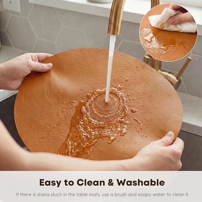 Artoid Mode Rust Faux Leather Placemats Set of 4, 15 Inch Waterproof Wipeable Heat Resistant Place Mats, Reversible Table Mats for Fall Kitchen Dining Decor