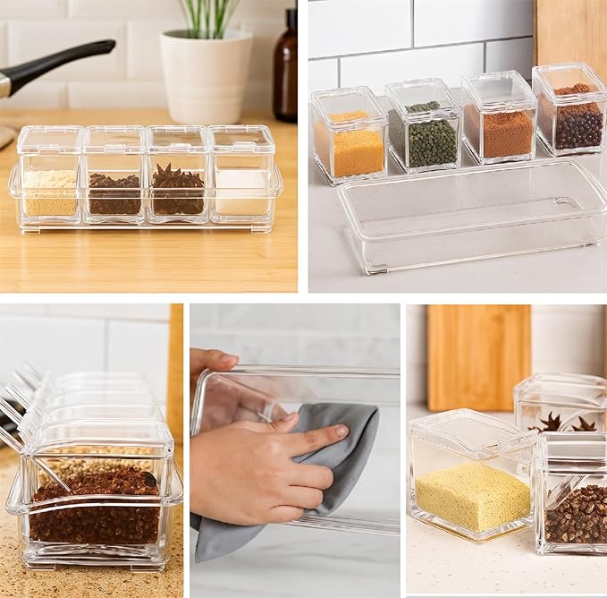 Clear Seasoning Box, 4 Pieces Seasoning Rack Spice Pots with Lids and Spoons, Toppings Containers, Acrylic Seasoning Box for Salt Spice, Pepper, Sugar, Cardamon, Cinnamon