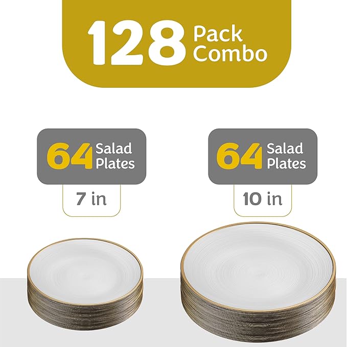 PLASTICPRO 128 Pieces Crystal Design Plastic Plates Combo Pack 7 inch and 10 inch Gold Rim Elegant Disposable Plates, Pearl White