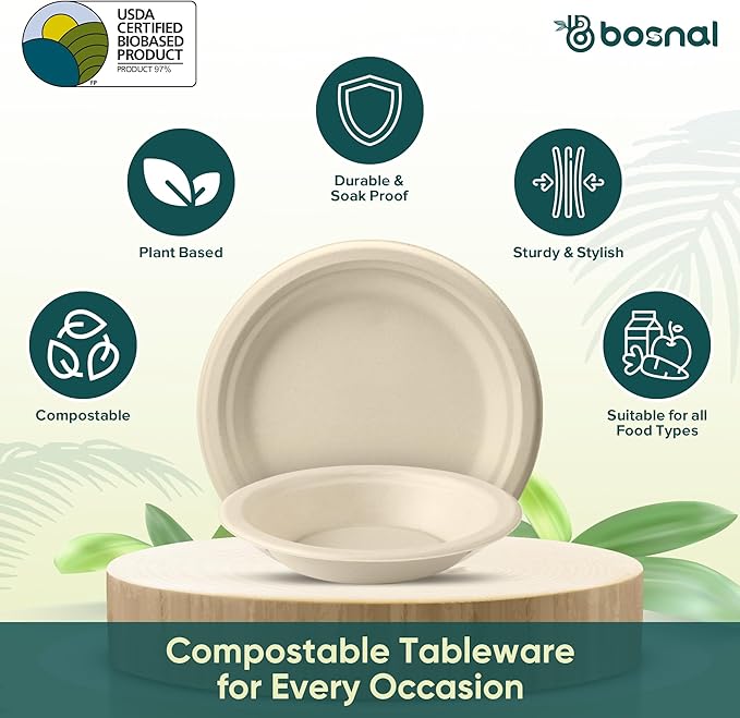 BOSNAL 10 Inch Round Plates with 16 oz Bowls ??25 Plates, 25 Bowls,100% Plant-Based Sugarcane Bagasse, Eco-Friendly Disposable Dinnerware for Hot & Cold Meals, Microwave Safe